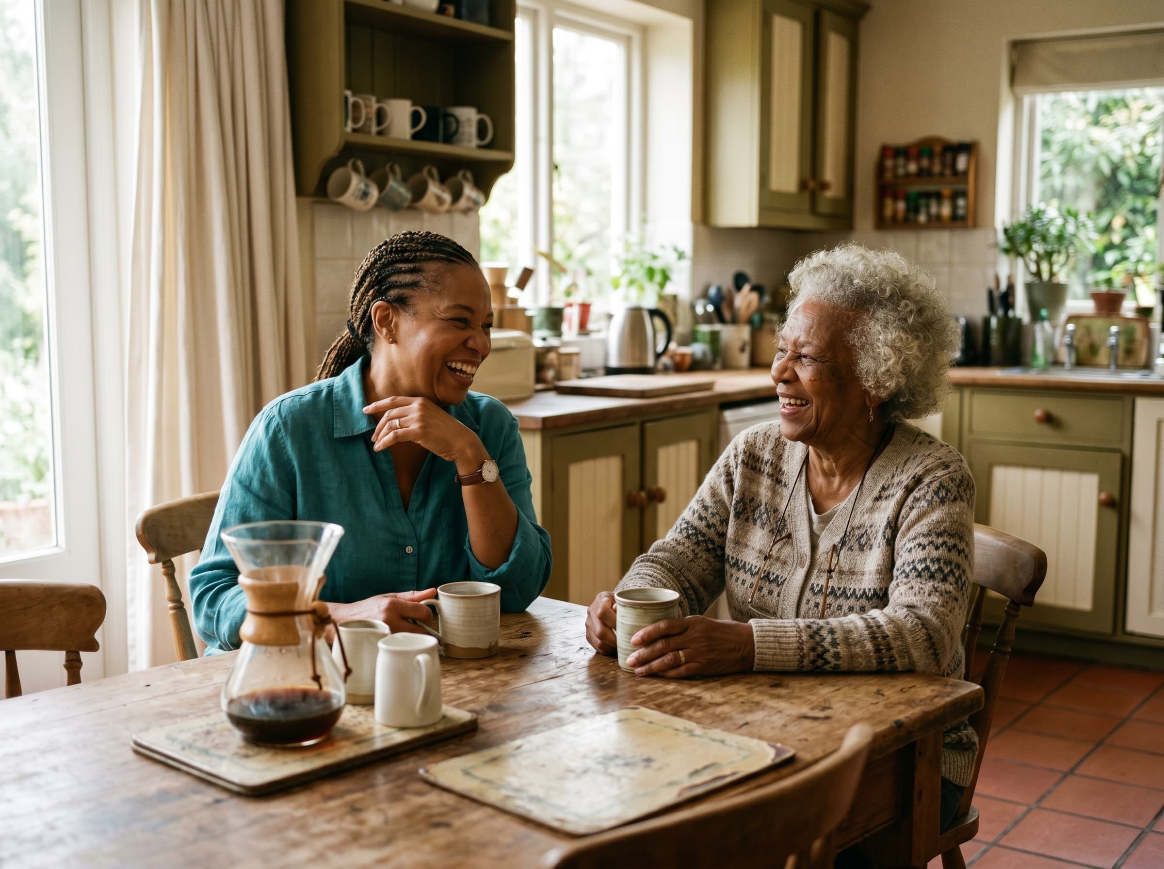 Une grand-mère et sa fille rient à une vieille table de cuisine en bois.