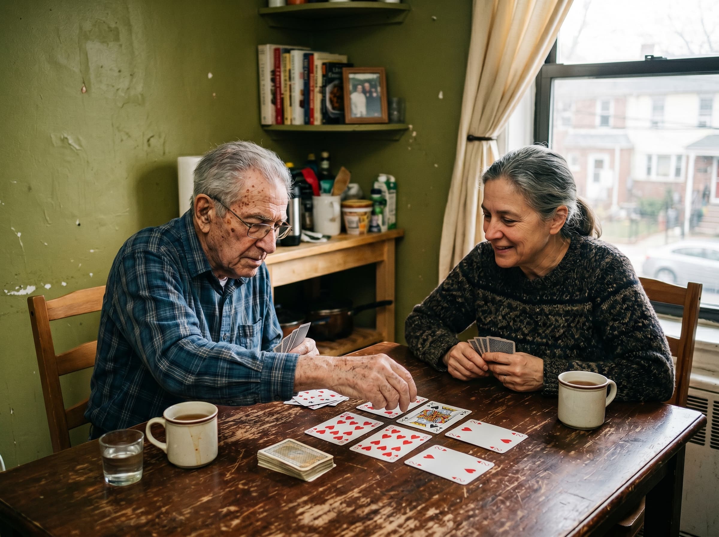 Un accompagnateur et une personne âgée jouant aux cartes à une table de cuisine chaleureuse.